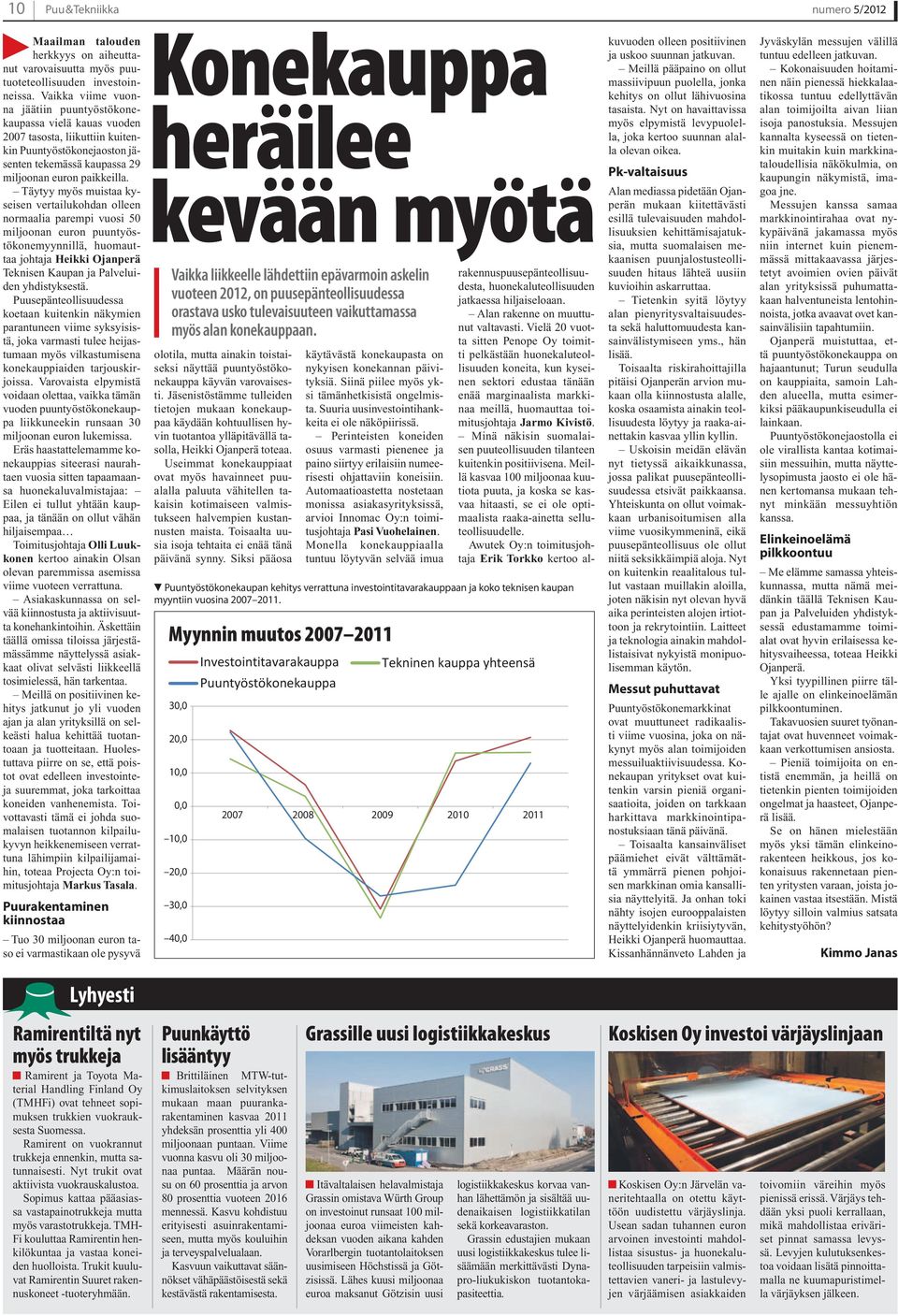 Täytyy myös muistaa kyseisen vertailukohdan olleen normaalia parempi vuosi 50 miljoonan euron puuntyöstökonemyynnillä, huomauttaa johtaja Heikki Ojanperä Teknisen Kaupan ja Palveluiden yhdistyksestä.