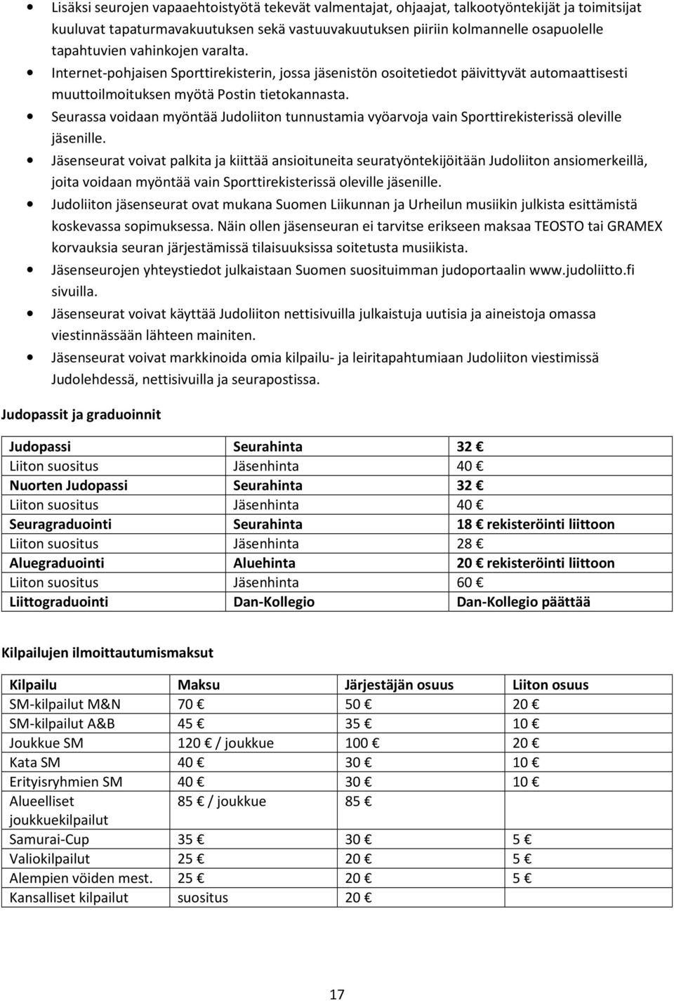 Seurassa voidaan myöntää Judoliiton tunnustamia vyöarvoja vain Sporttirekisterissä oleville jäsenille.