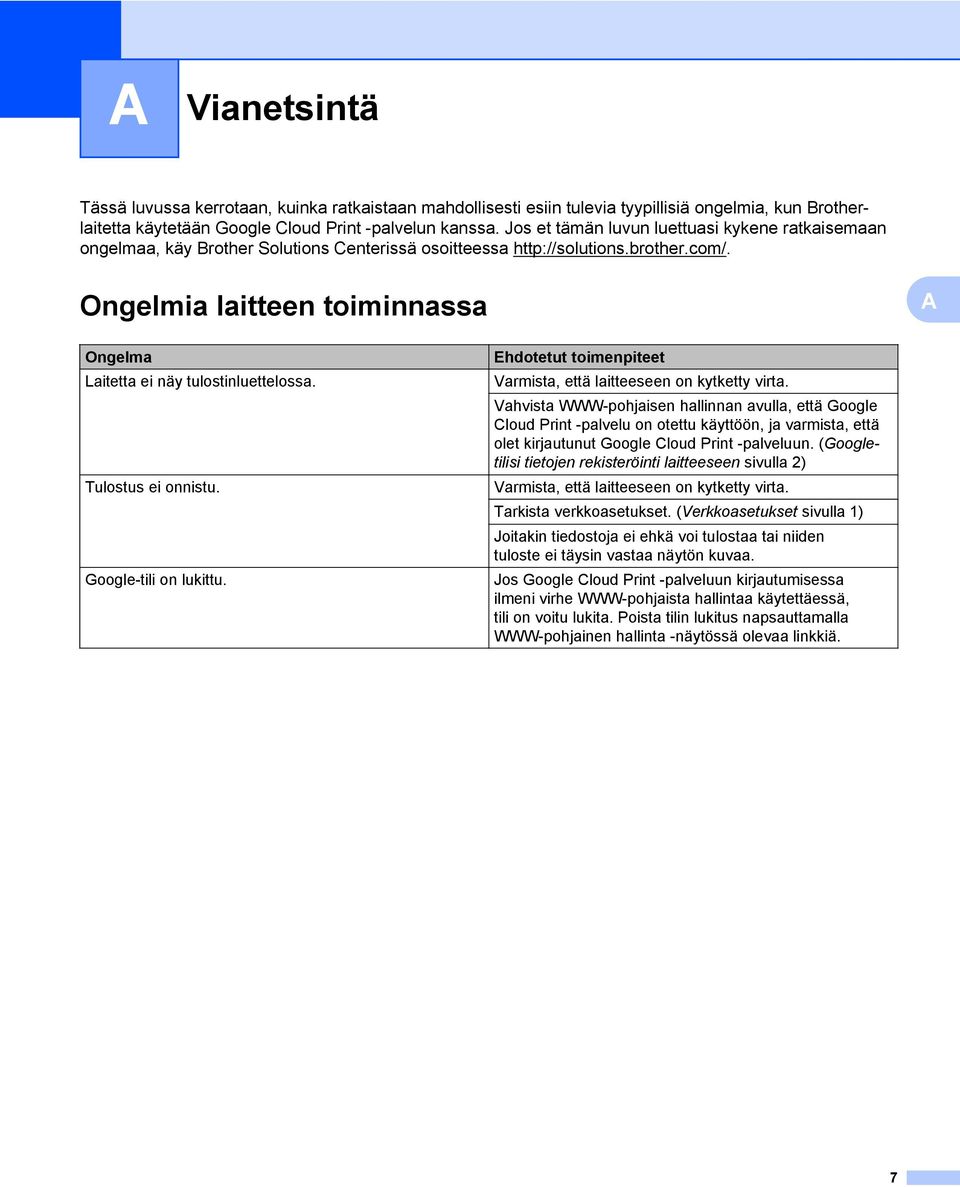 Ongelmia laitteen toiminnassa A Ongelma Laitetta ei näy tulostinluettelossa. Tulostus ei onnistu. Google-tili on lukittu. Ehdotetut toimenpiteet Varmista, että laitteeseen on kytketty virta.