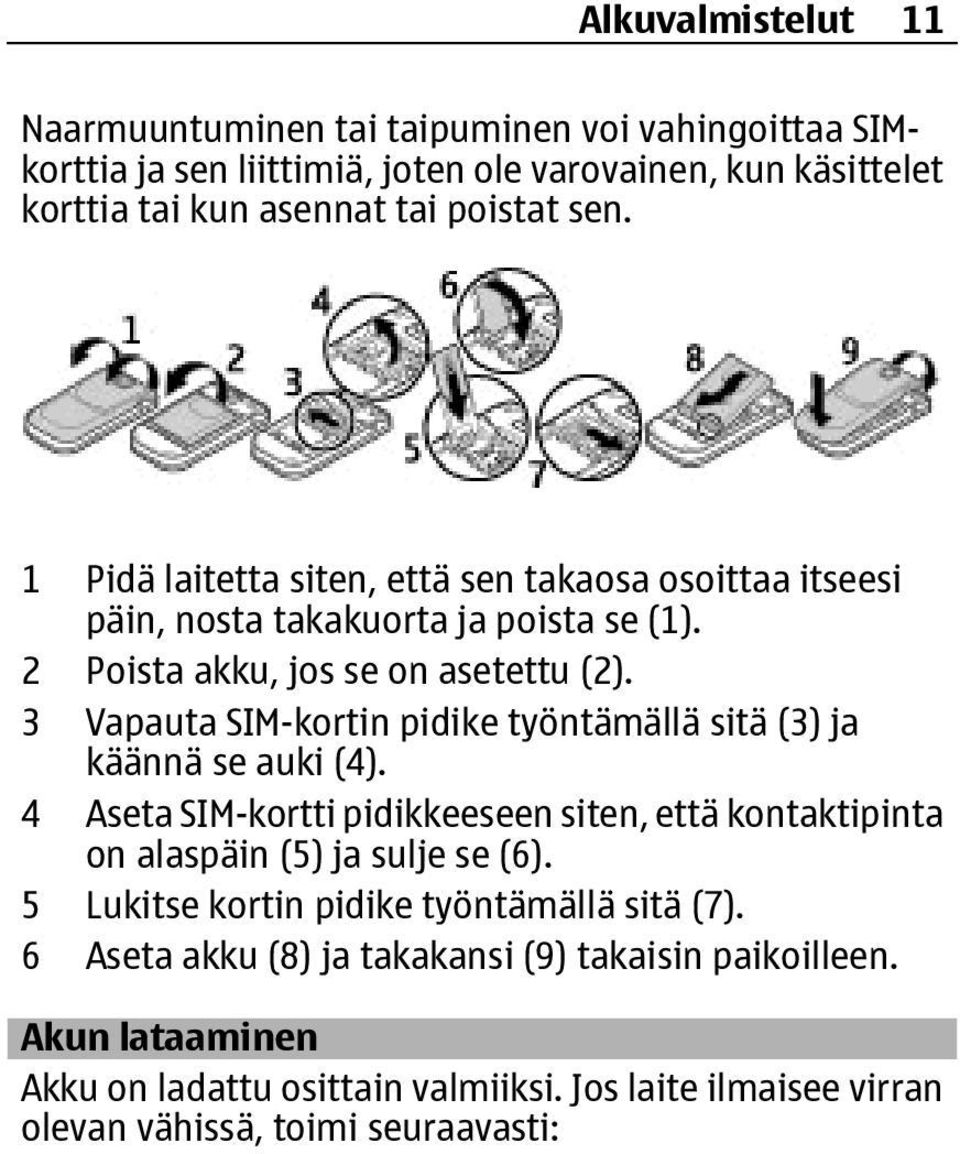 3 Vapauta SIM-kortin pidike työntämällä sitä (3) ja käännä se auki (4). 4 Aseta SIM-kortti pidikkeeseen siten, että kontaktipinta on alaspäin (5) ja sulje se (6).