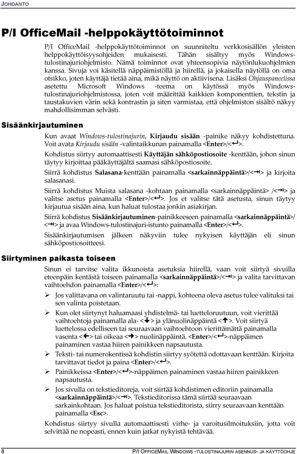 Sivuja voi käsitellä näppäimistöllä ja hiirellä, ja jokaisella näytöllä on oma otsikko, joten käyttäjä tietää aina, mikä näyttö on aktiivisena.