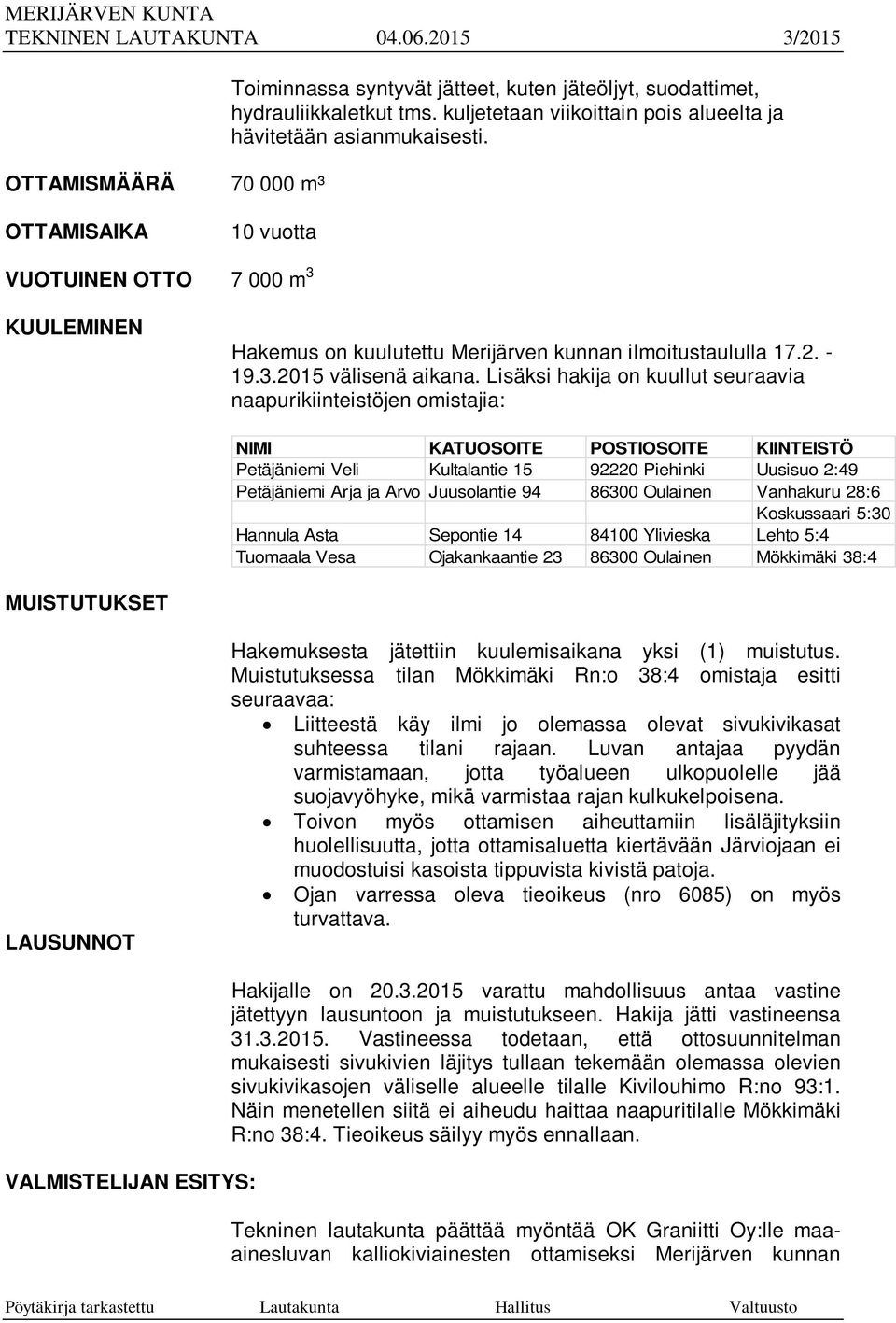 Lisäksi hakija on kuullut seuraavia naapurikiinteistöjen omistajia: NIMI KATUOSOITE POSTIOSOITE KIINTEISTÖ Petäjäniemi Veli Kultalantie 15 92220 Piehinki Uusisuo 2:49 Petäjäniemi Arja ja Arvo