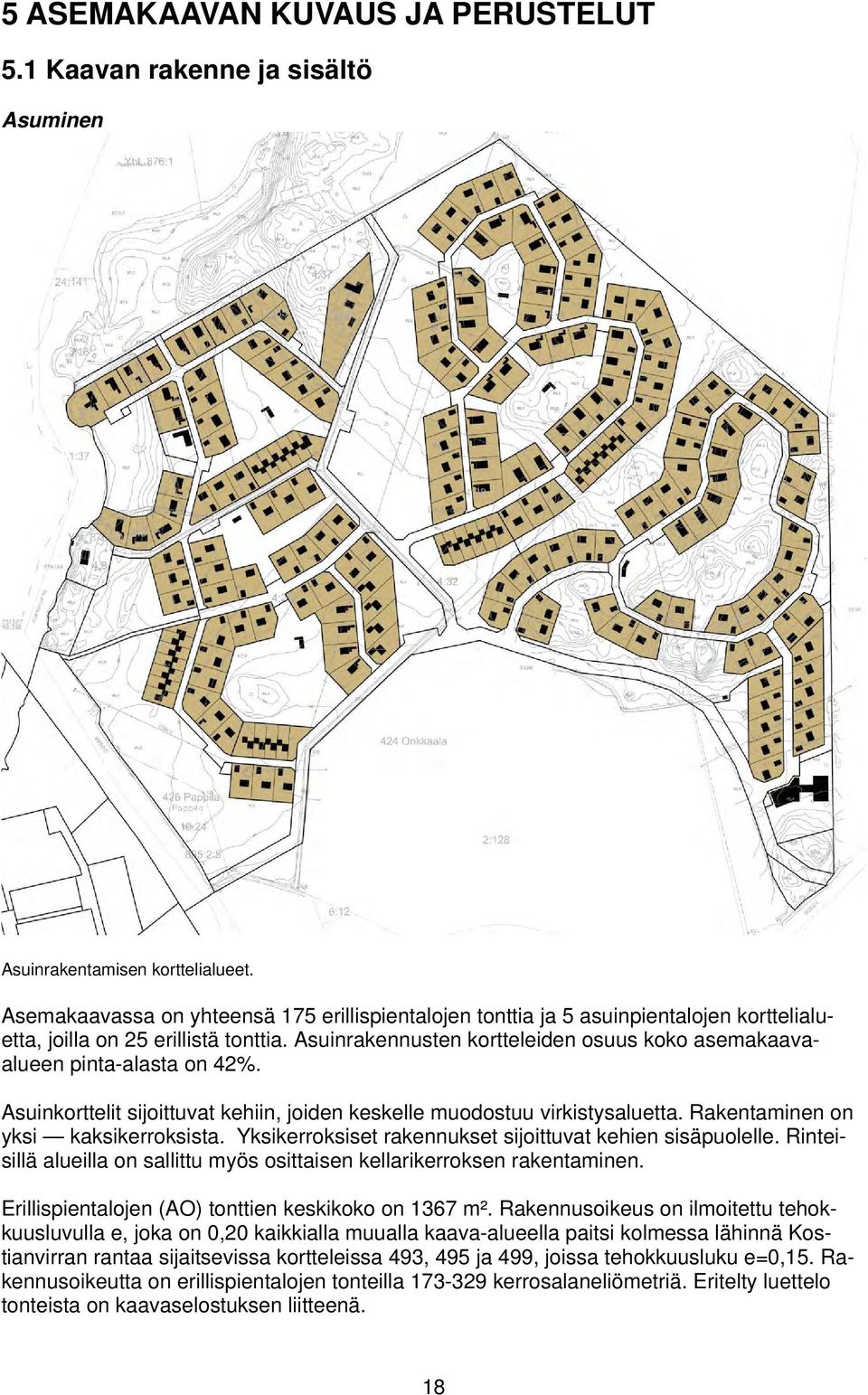 Asuinrakennusten kortteleiden osuus koko asemakaavaalueen pinta-alasta on 42%. Asuinkorttelit sijoittuvat kehiin, joiden keskelle muodostuu virkistysaluetta. Rakentaminen on yksi kaksikerroksista.