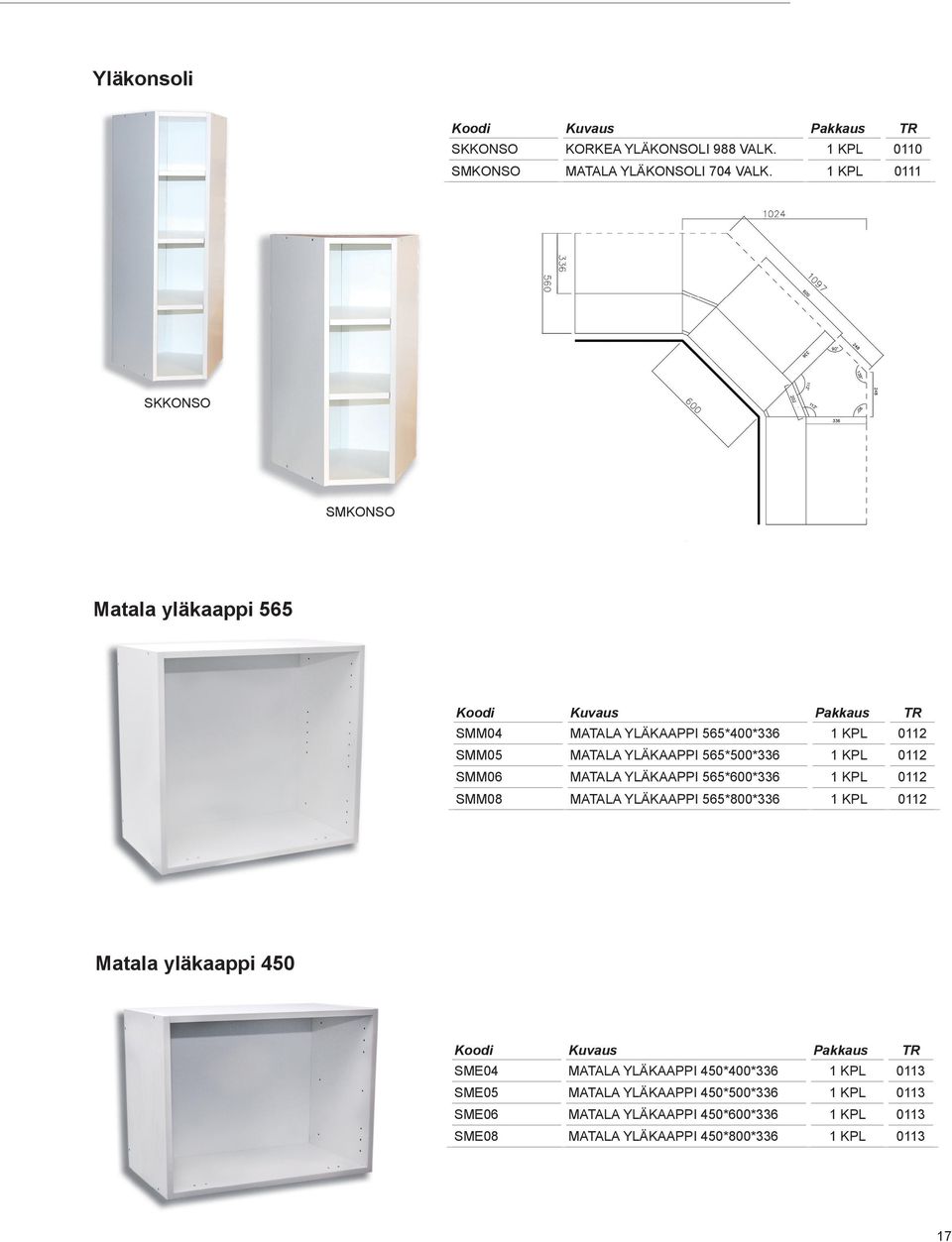 KPL 0112 SMM06 MATALA YLÄKAAPPI 565*600*336 1 KPL 0112 SMM08 MATALA YLÄKAAPPI 565*800*336 1 KPL 0112 Matala yläkaappi 450 SME04