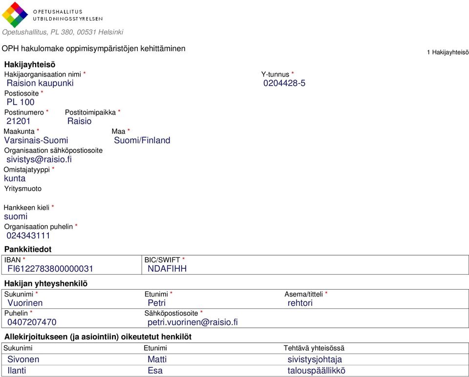 fi Omistajatyyppi * kunta Yritysmuoto Y-tunnus * 0204428-5 1 Hakijayhteisö Hankkeen kieli * suomi Organisaation puhelin * 024343111 Pankkitiedot IBAN * FI6122783800000031 Hakijan yhteyshenkilö