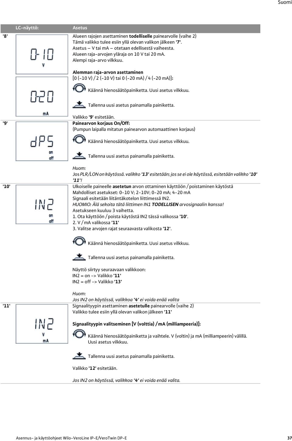 Uusi asetus vilkkuu. Tallenna uusi asetus painamalla painiketta. '9' Valikko '9' esitetään.