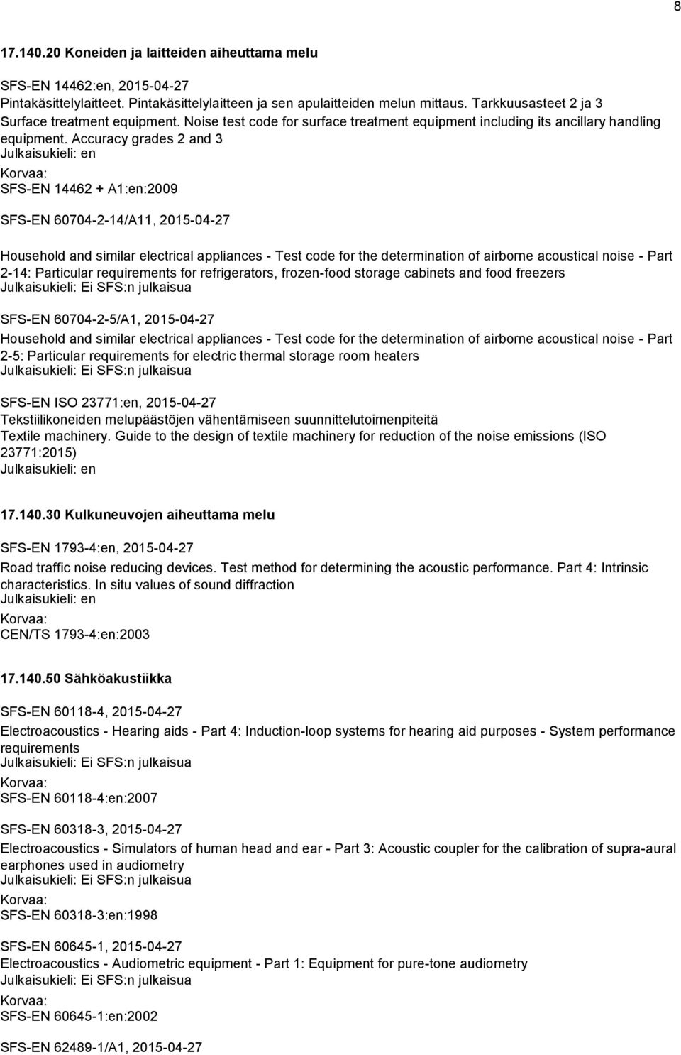 Accuracy grades 2 and 3 SFS-EN 14462 + A1:en:2009 SFS-EN 60704-2-14/A11, 2015-04-27 Household and similar electrical appliances - Test code for the determination of airborne acoustical noise - Part