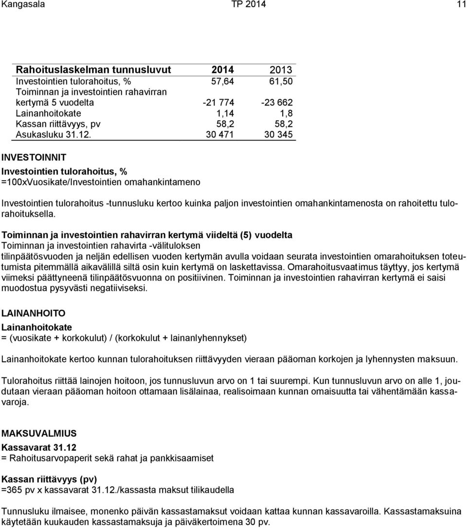 30 471 30 345 INVESTOINNIT Investointien tulorahoitus, % =100xVuosikate/Investointien omahankintameno Investointien tulorahoitus -tunnusluku kertoo kuinka paljon investointien omahankintamenosta on