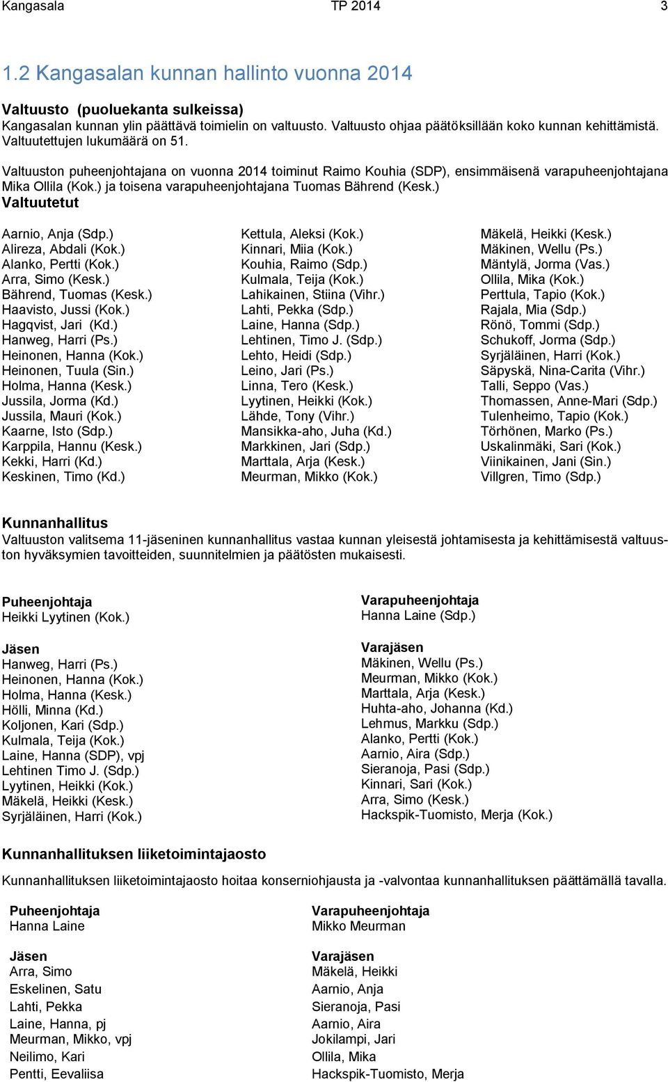 Valtuuston puheenjohtajana on vuonna 2014 toiminut Raimo Kouhia (SDP), ensimmäisenä varapuheenjohtajana Mika Ollila (Kok.) ja toisena varapuheenjohtajana Tuomas Bährend (Kesk.