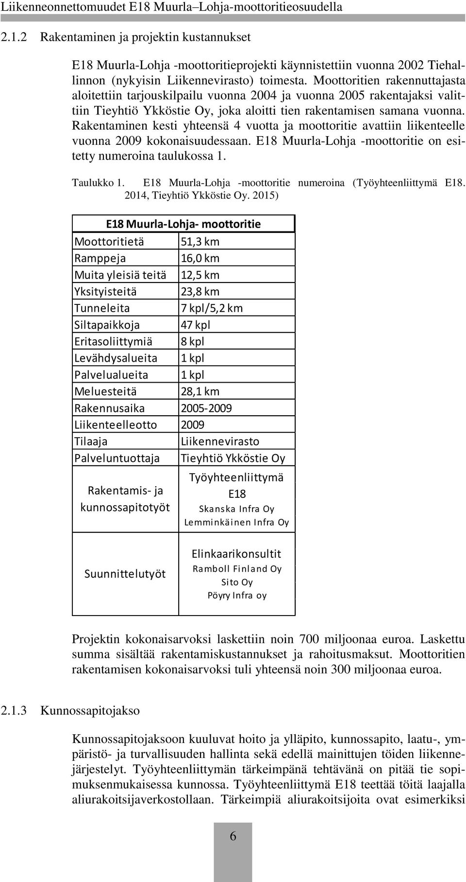 Rakentaminen kesti yhteensä 4 vuotta ja moottoritie avattiin liikenteelle vuonna 2009 kokonaisuudessaan. E18 Muurla-Lohja -moottoritie on esitetty numeroina taulukossa 1. Taulukko 1.