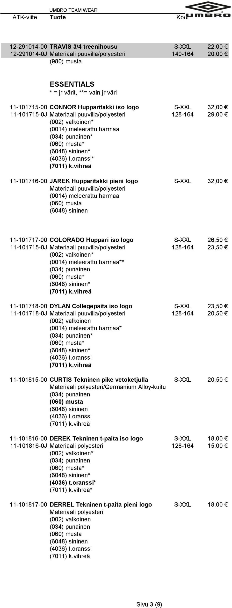 Huppari iso logo S-XXL 26,50 11-101715-0J Materiaali puuvilla/polyesteri 128-164 23,50 * ** * 11-101718-00 DYLAN Collegepaita iso logo S-XXL 23,50 11-101718-0J Materiaali puuvilla/polyesteri 128-164