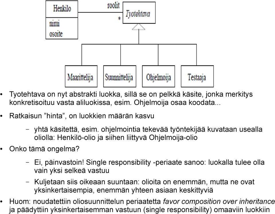 ohjelmointia tekevää työntekijää kuvataan usealla oliolla: Henkilö-olio ja siihen liittyvä Ohjelmoija-olio Onko tämä ongelma? Ei, päinvastoin!