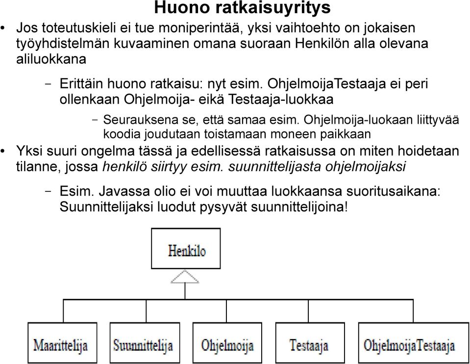 Ohjelmoija-luokaan liittyvää koodia joudutaan toistamaan moneen paikkaan Yksi suuri ongelma tässä ja edellisessä ratkaisussa on miten hoidetaan tilanne,
