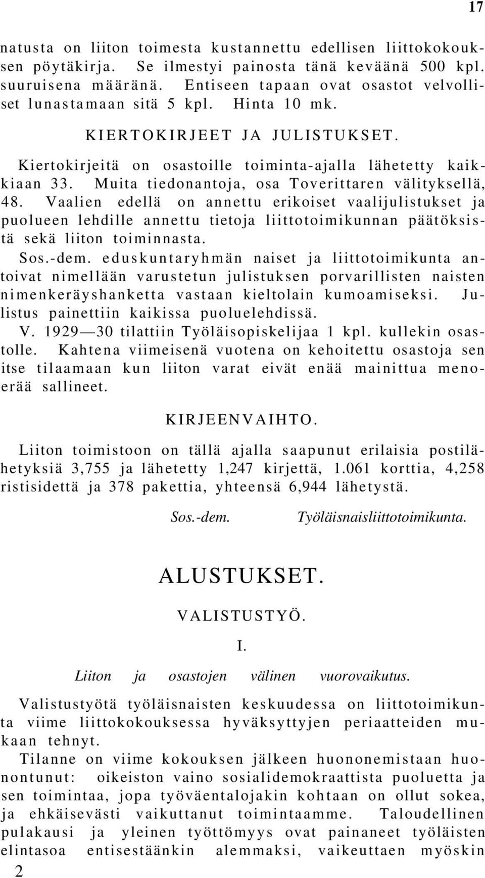 Muita tiedonantoja, osa Toverittaren välityksellä, 48. Vaalien edellä on annettu erikoiset vaalijulistukset ja puolueen lehdille annettu tietoja liittotoimikunnan päätöksistä sekä liiton toiminnasta.