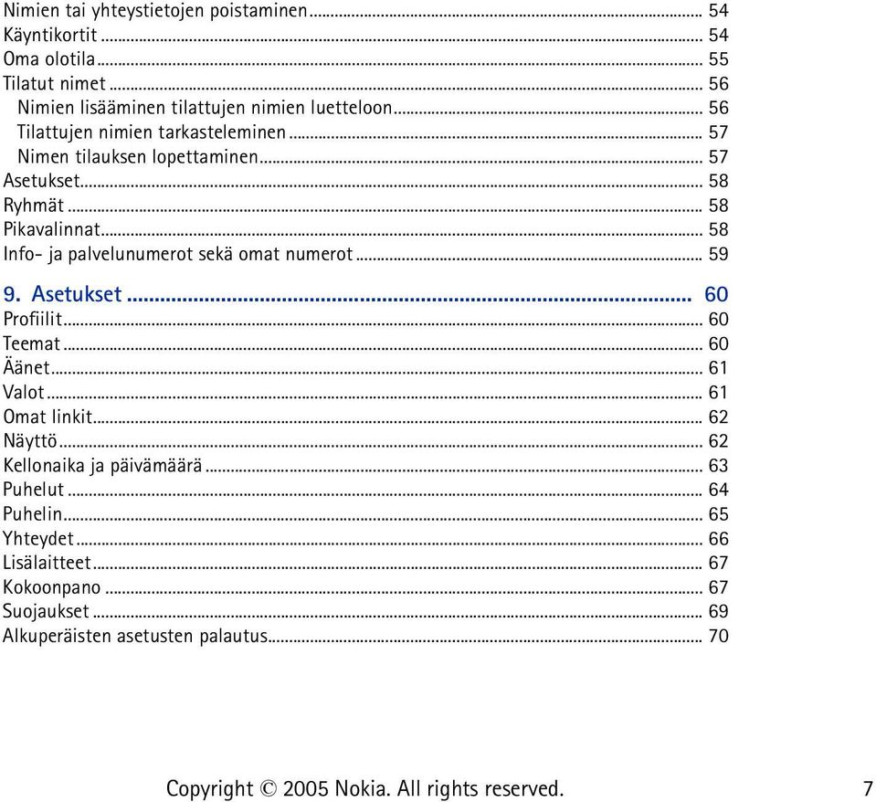 .. 58 Info- ja palvelunumerot sekä omat numerot... 59 9. Asetukset... 60 Profiilit... 60 Teemat... 60 Äänet... 61 Valot... 61 Omat linkit... 62 Näyttö.