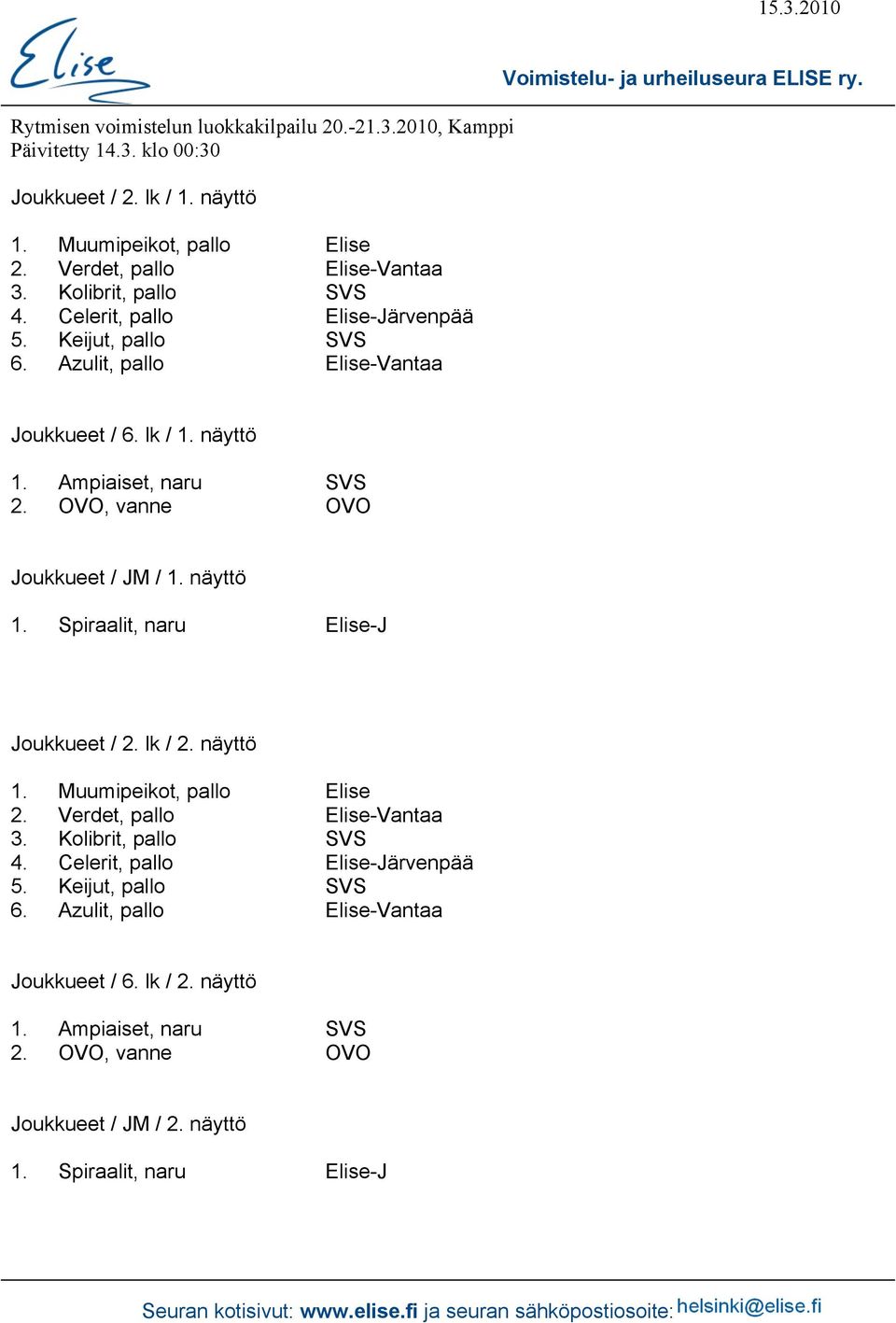 lk / 2. näyttö 1. Muumipeikot, pallo Elise 2. Verdet, pallo Elise-Vantaa 3. Kolibrit, pallo SVS 4. Celerit, pallo Elise-Järvenpää 5. Keijut, pallo SVS 6.