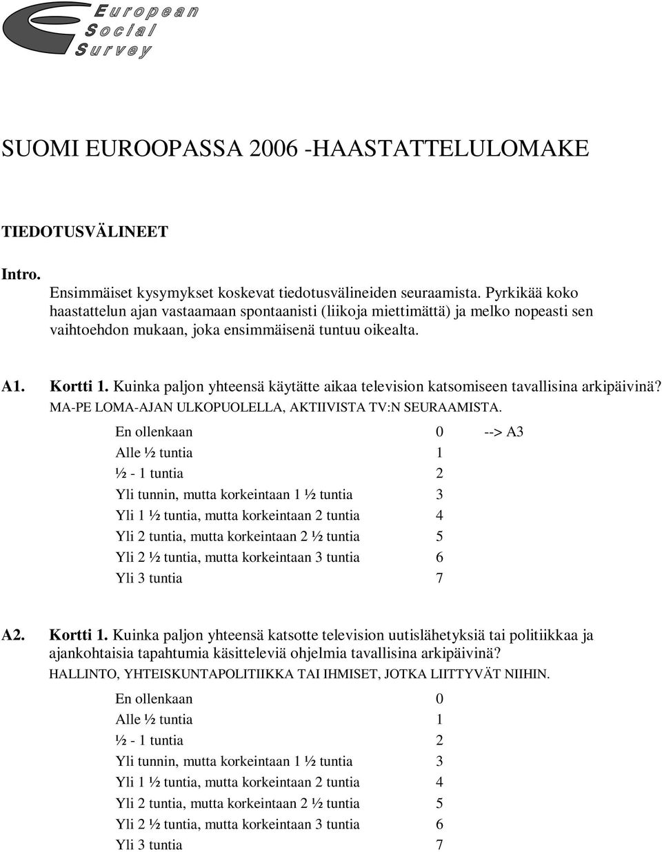 Kuinka paljon yhteensä käytätte aikaa television katsomiseen tavallisina arkipäivinä? MA-PE LOMA-AJAN ULKOPUOLELLA, AKTIIVISTA TV:N SEURAAMISTA.