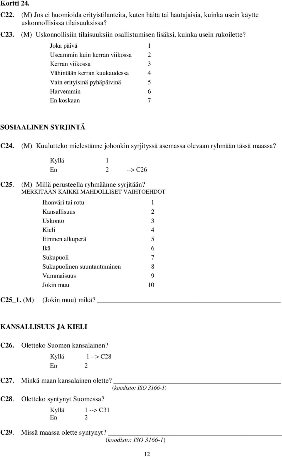 Joka päivä 1 Useammin kuin kerran viikossa 2 Kerran viikossa 3 Vähintään kerran kuukaudessa 4 Vain erityisinä pyhäpäivinä 5 Harvemmin 6 En koskaan 7 SOSIAALINEN SYRJINTÄ C24.