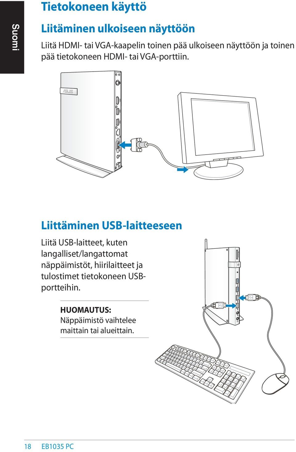 Liittäminen USB-laitteeseen Liitä USB-laitteet, kuten langalliset/langattomat näppäimistöt,