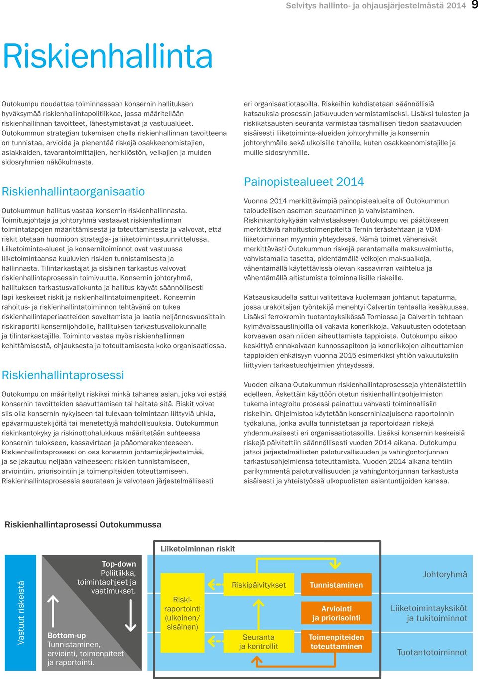 Outokummun strategian tukemisen ohella riskienhallinnan tavoitteena on tunnistaa, arvioida ja pienentää riskejä osakkeenomistajien, asiakkaiden, tavarantoimittajien, henkilöstön, velkojien ja muiden