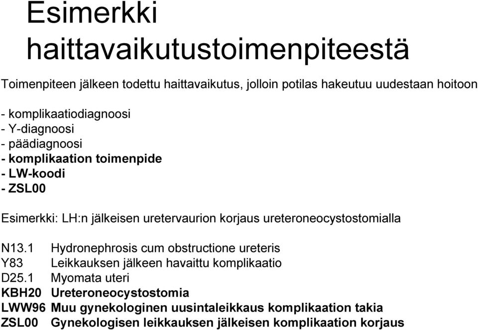 korjaus ureteroneocystostomialla N13.1 Hydronephrosis cum obstructione ureteris Y83 Leikkauksen jälkeen havaittu komplikaatio D25.