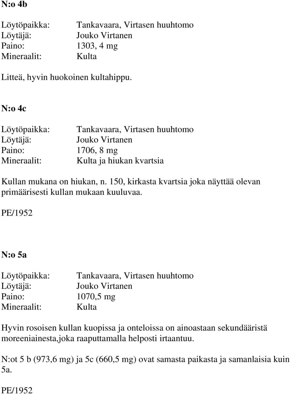 150, kirkasta kvartsia joka näyttää olevan primäärisesti kullan mukaan kuuluvaa.