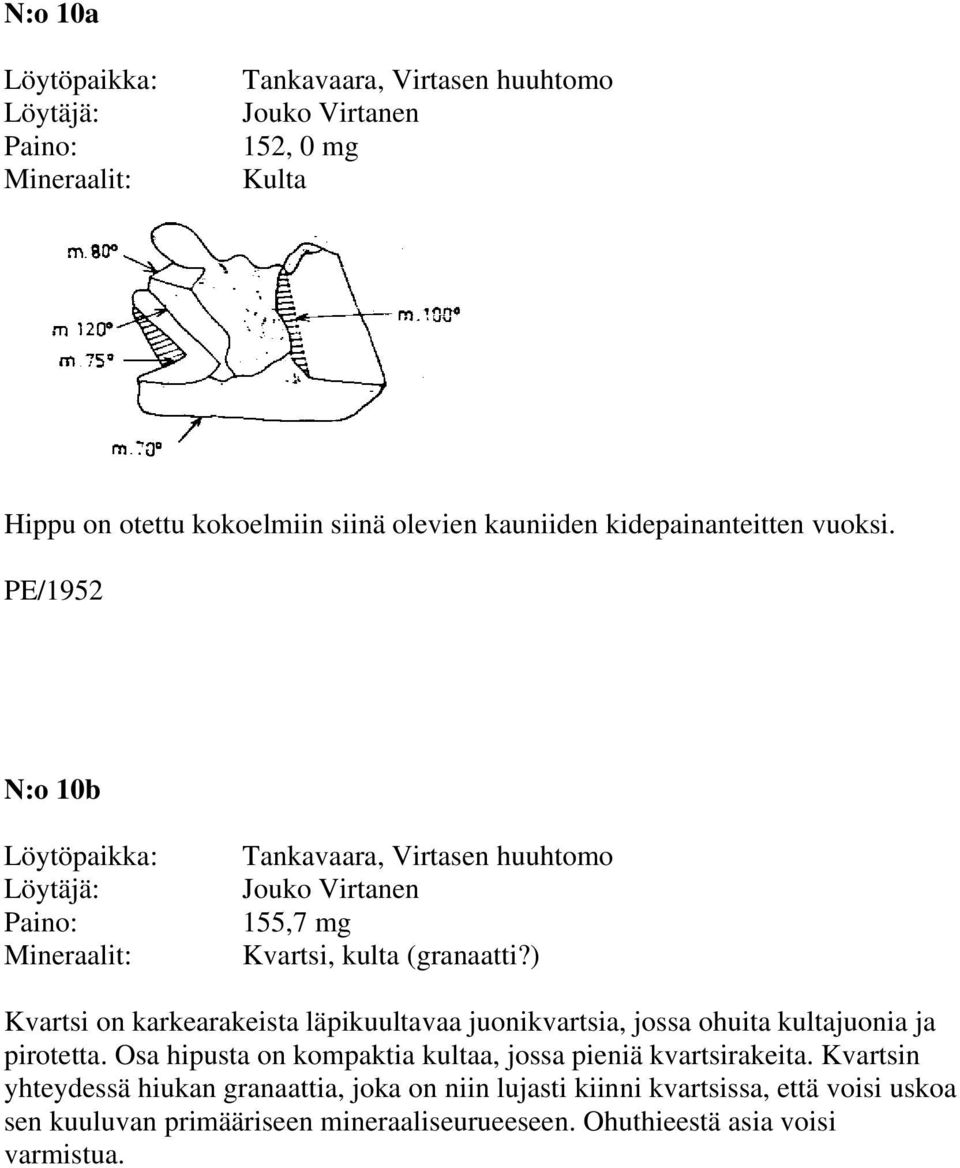 ) Kvartsi on karkearakeista läpikuultavaa juonikvartsia, jossa ohuita kultajuonia ja pirotetta.