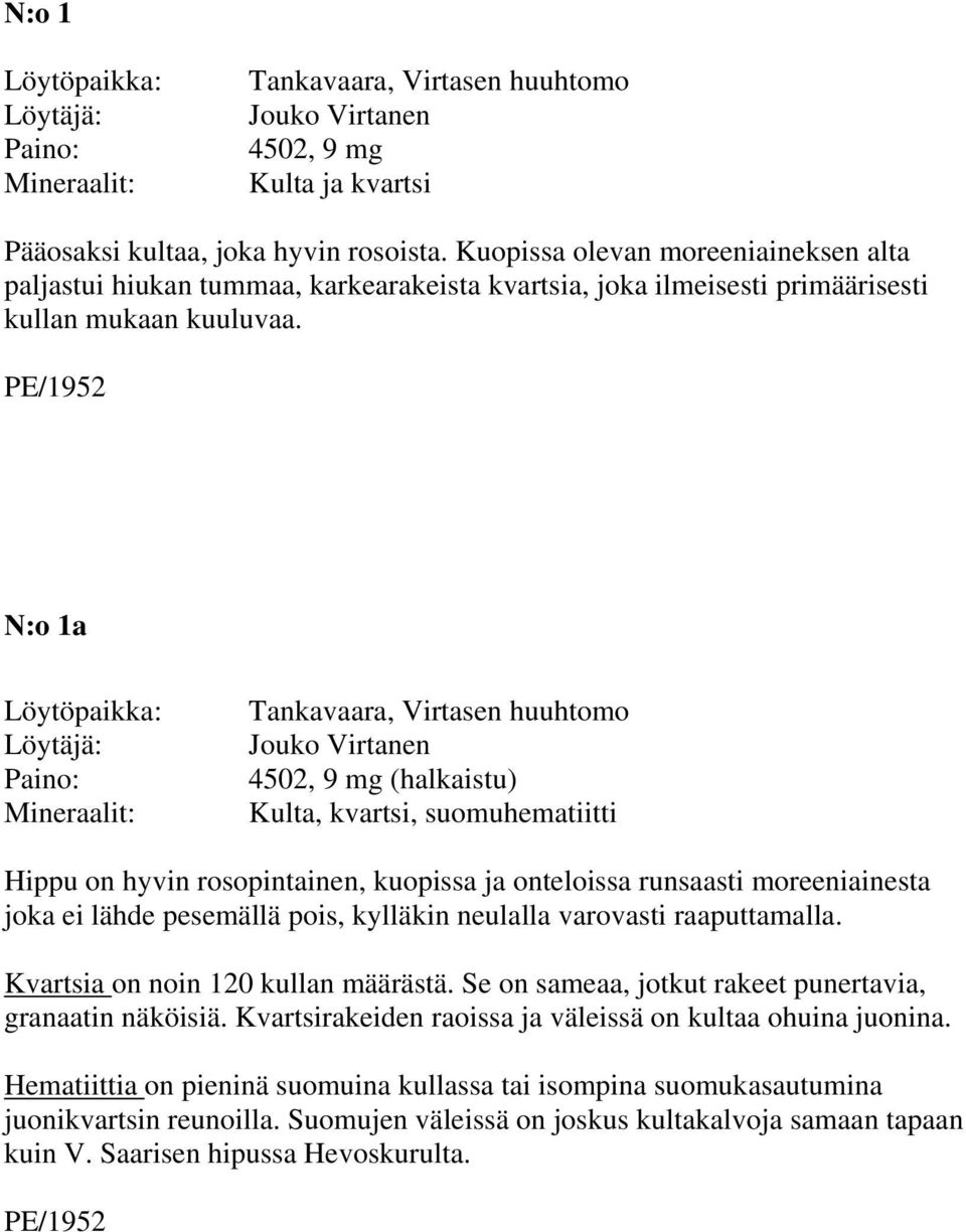 N:o 1a 4502, 9 mg (halkaistu) Kulta, kvartsi, suomuhematiitti Hippu on hyvin rosopintainen, kuopissa ja onteloissa runsaasti moreeniainesta joka ei lähde pesemällä pois, kylläkin neulalla