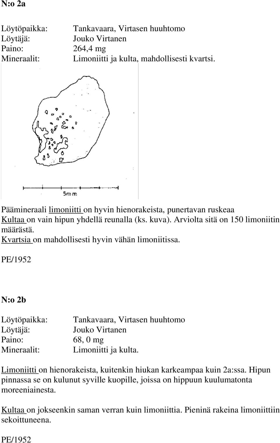 Arviolta sitä on 150 limoniitin määrästä. Kvartsia on mahdollisesti hyvin vähän limoniitissa. N:o 2b 68, 0 mg Limoniitti ja kulta.