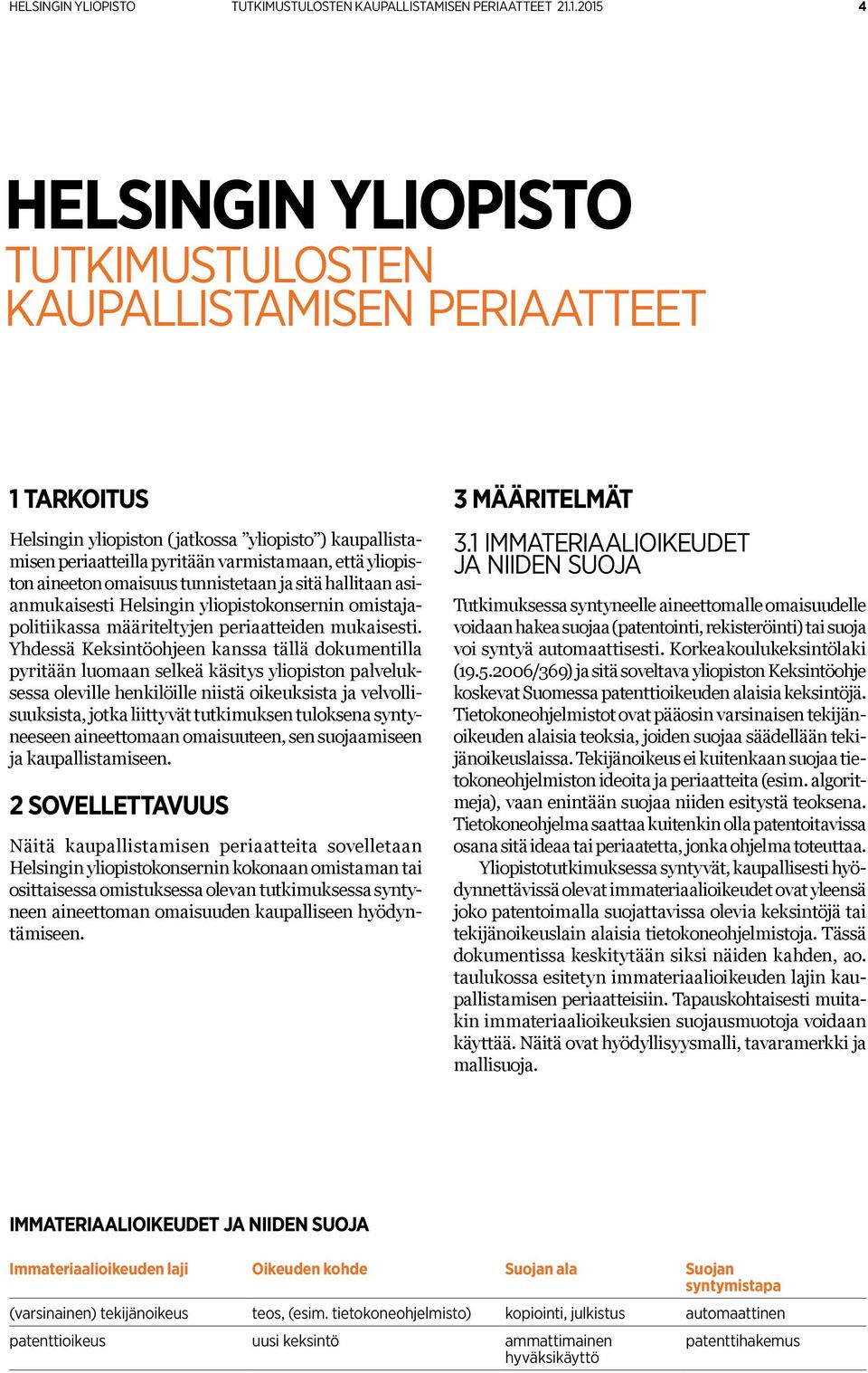 aineeton omaisuus tunnistetaan ja sitä hallitaan asianmukaisesti Helsingin yliopistokonsernin omistajapolitiikassa määriteltyjen periaatteiden mukaisesti.