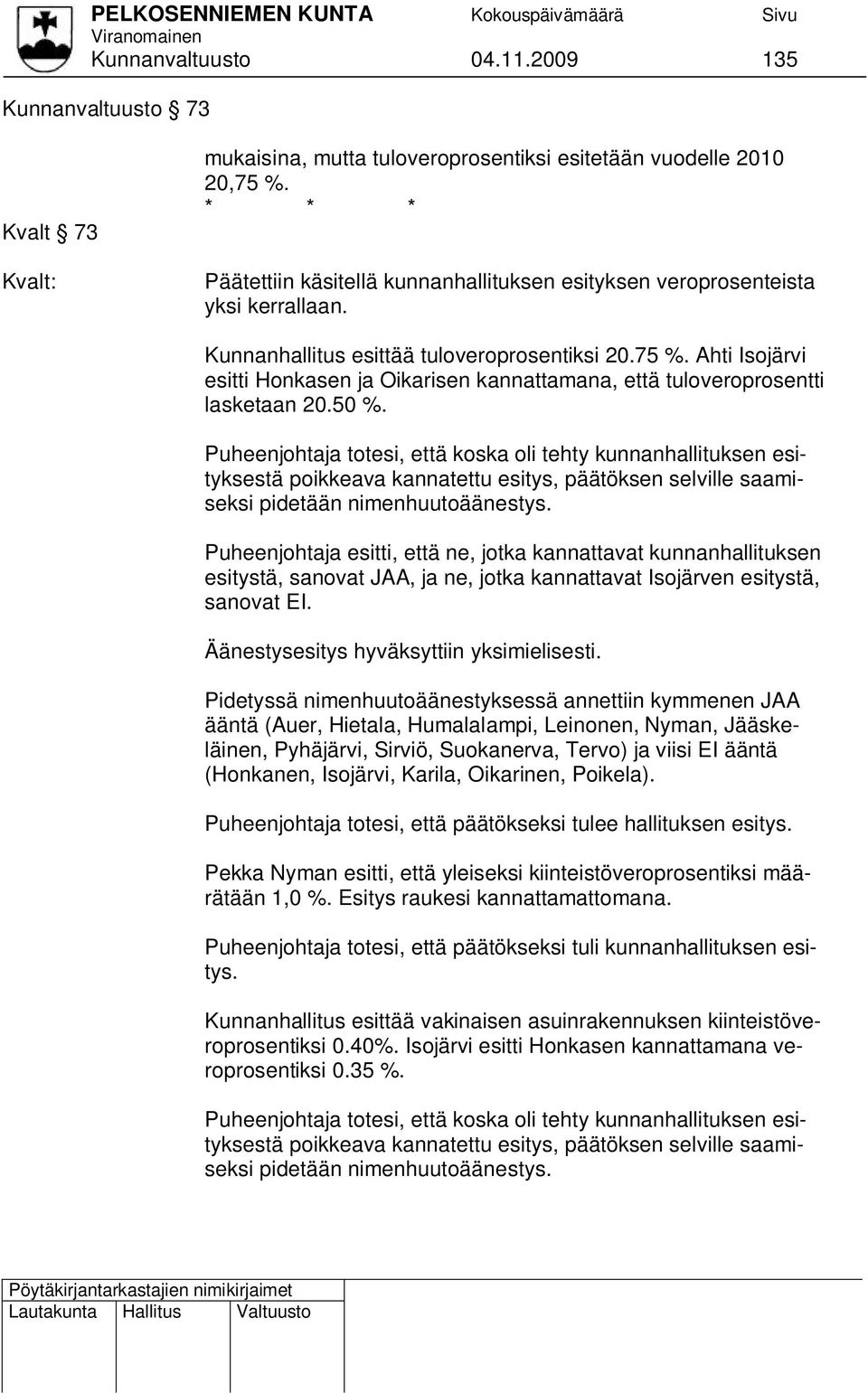 Ahti Isojärvi esitti Honkasen ja Oikarisen kannattamana, että tuloveroprosentti lasketaan 20.50 %.