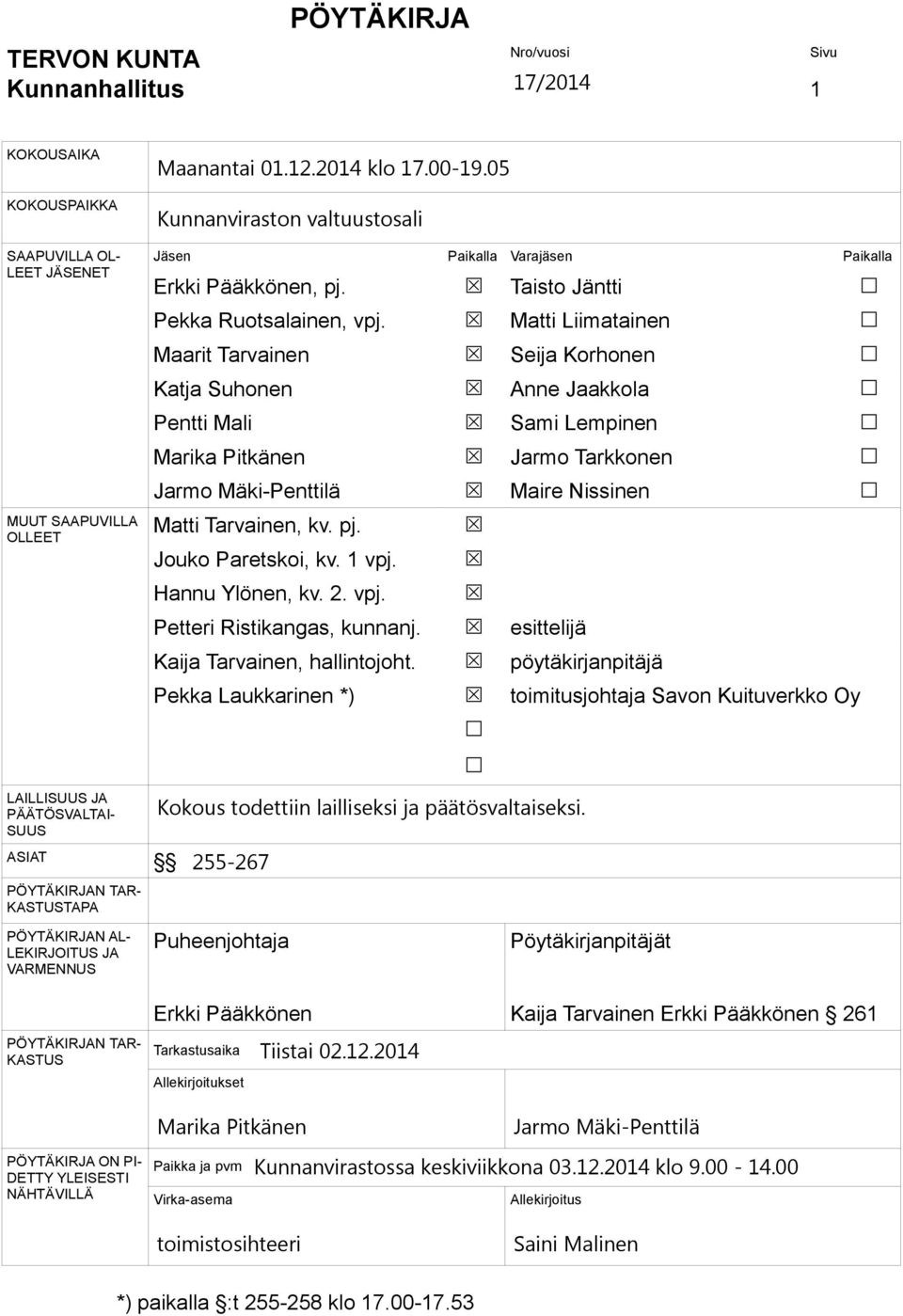 Matti Liimatainen Maarit Tarvainen Seija Korhonen Katja Suhonen Anne Jaakkola Pentti Mali Sami Lempinen Marika Pitkänen Jarmo Tarkkonen Jarmo Mäki-Penttilä Maire Nissinen Matti Tarvainen, kv. pj.