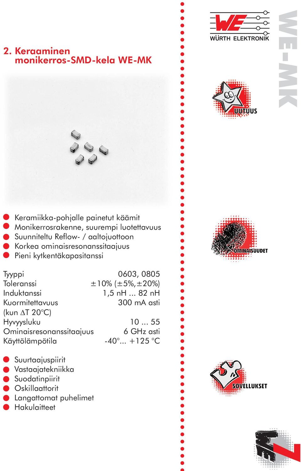 Induktanssi 1,5 nh... 82 nh Kuormitettavuus 300 ma asti (kun DT 20 C) Hyvyysluku 10.
