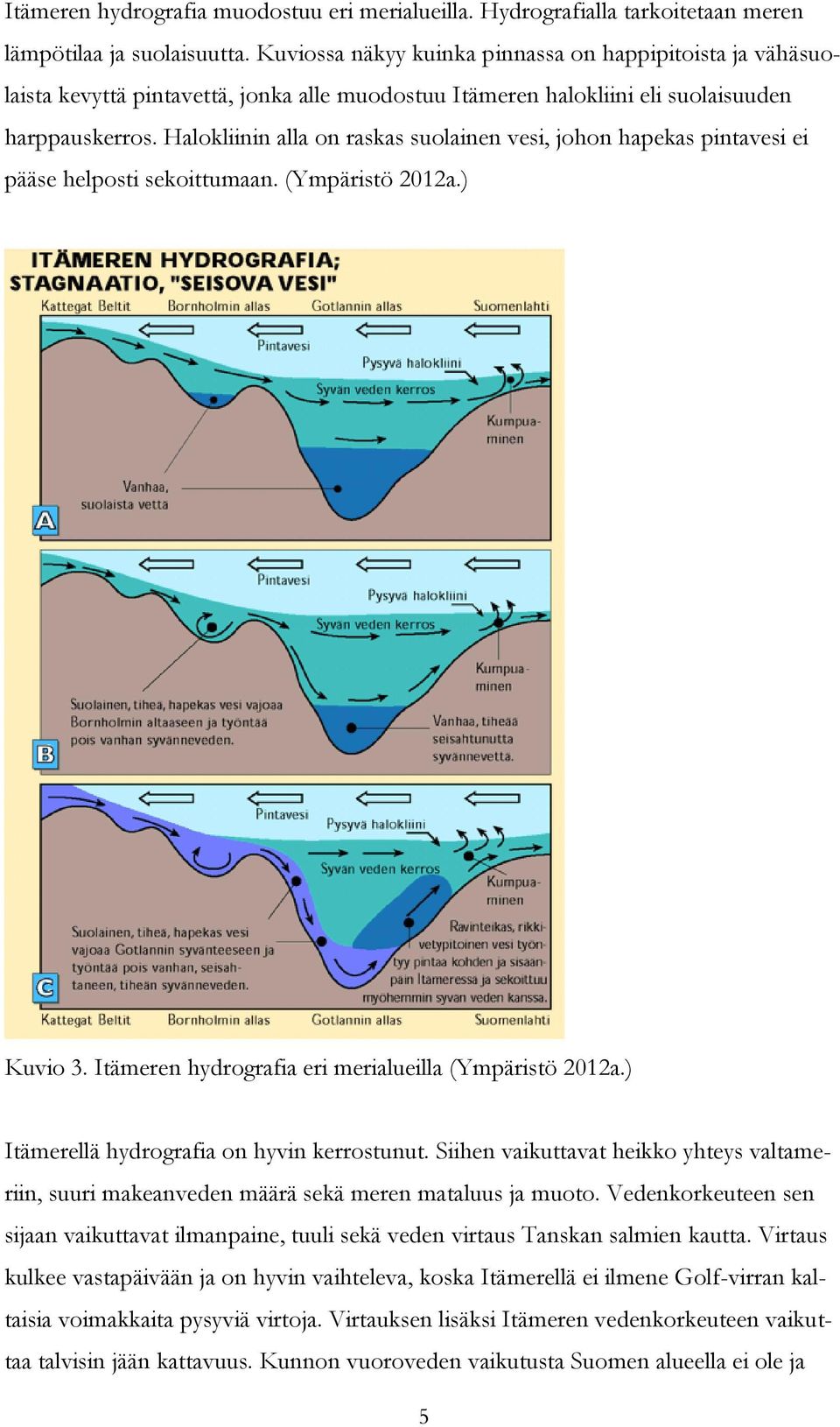 Halokliinin alla on raskas suolainen vesi, johon hapekas pintavesi ei pääse helposti sekoittumaan. (Ympäristö 2012a.) Kuvio 3. Itämeren hydrografia eri merialueilla (Ympäristö 2012a.
