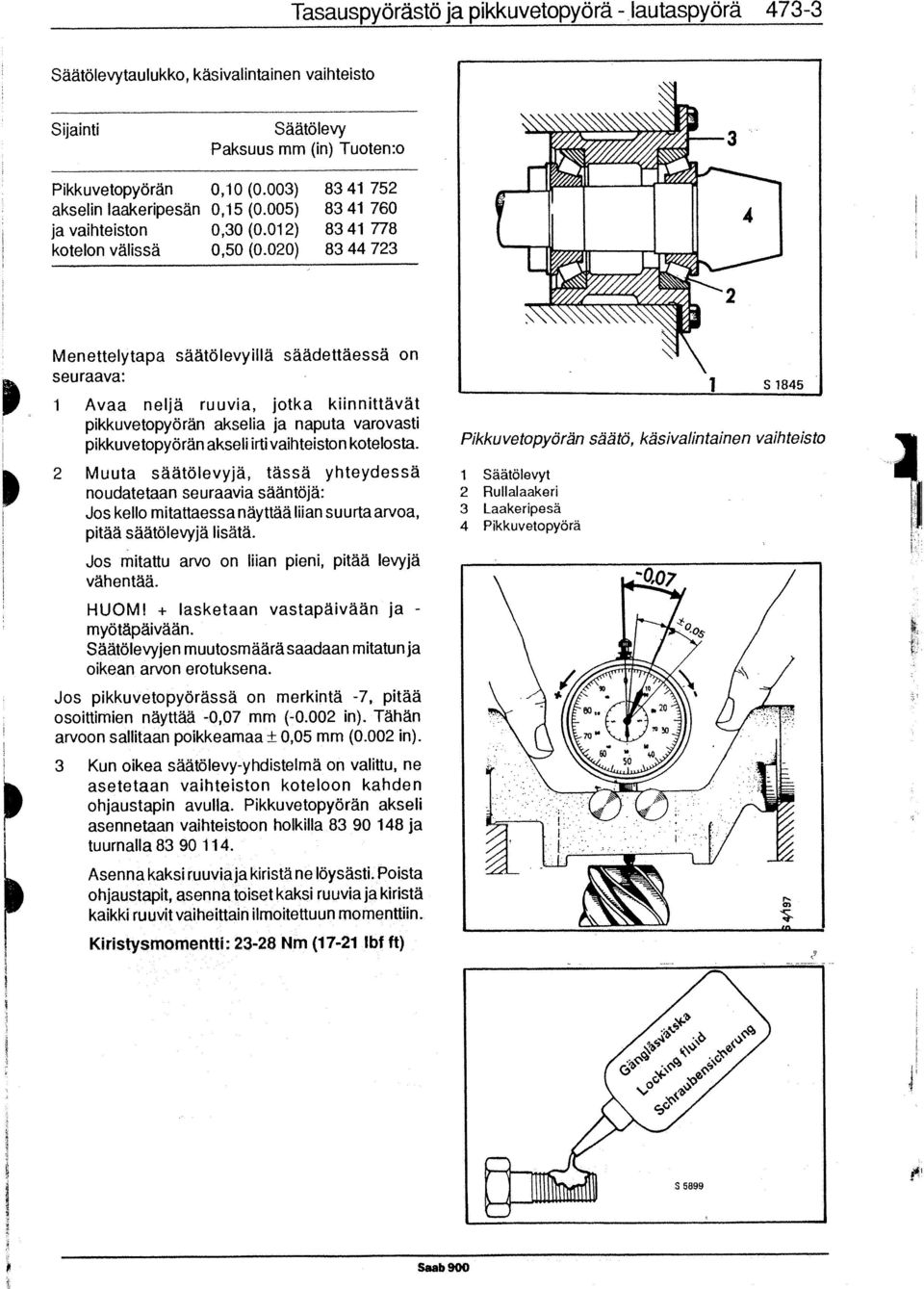 020) 83 44 723 Menettelytapa säätölevyillä säädettäessä on seuraava: 1 Avaa neljä ruuvia, jotka kiinnittävät pikkuvetopyörän akselia ja naputa varovasti pikkuvetopyörän akseli irti vaihteiston