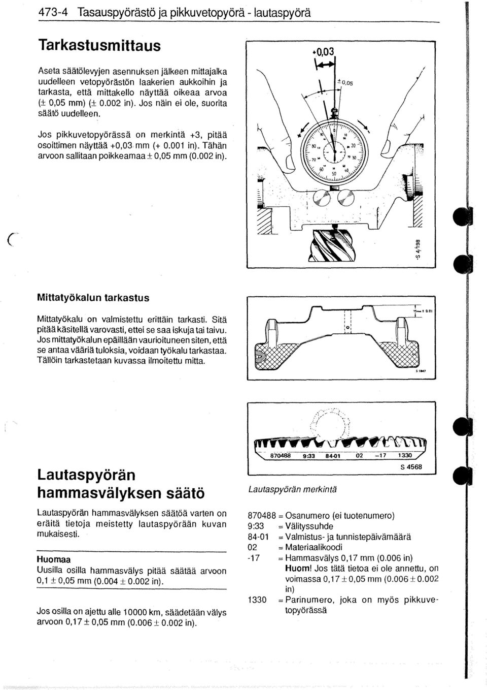 Tähän arvoon sallitaan poikkeamaa? 0,05 mm (0.002 in). Mittatyökalun tarkastus Mittatyökalu on valmistettu erittäin tarkasti. Sitä pitää käsitellä varovasti, ettei se saa iskuja tai taivu.