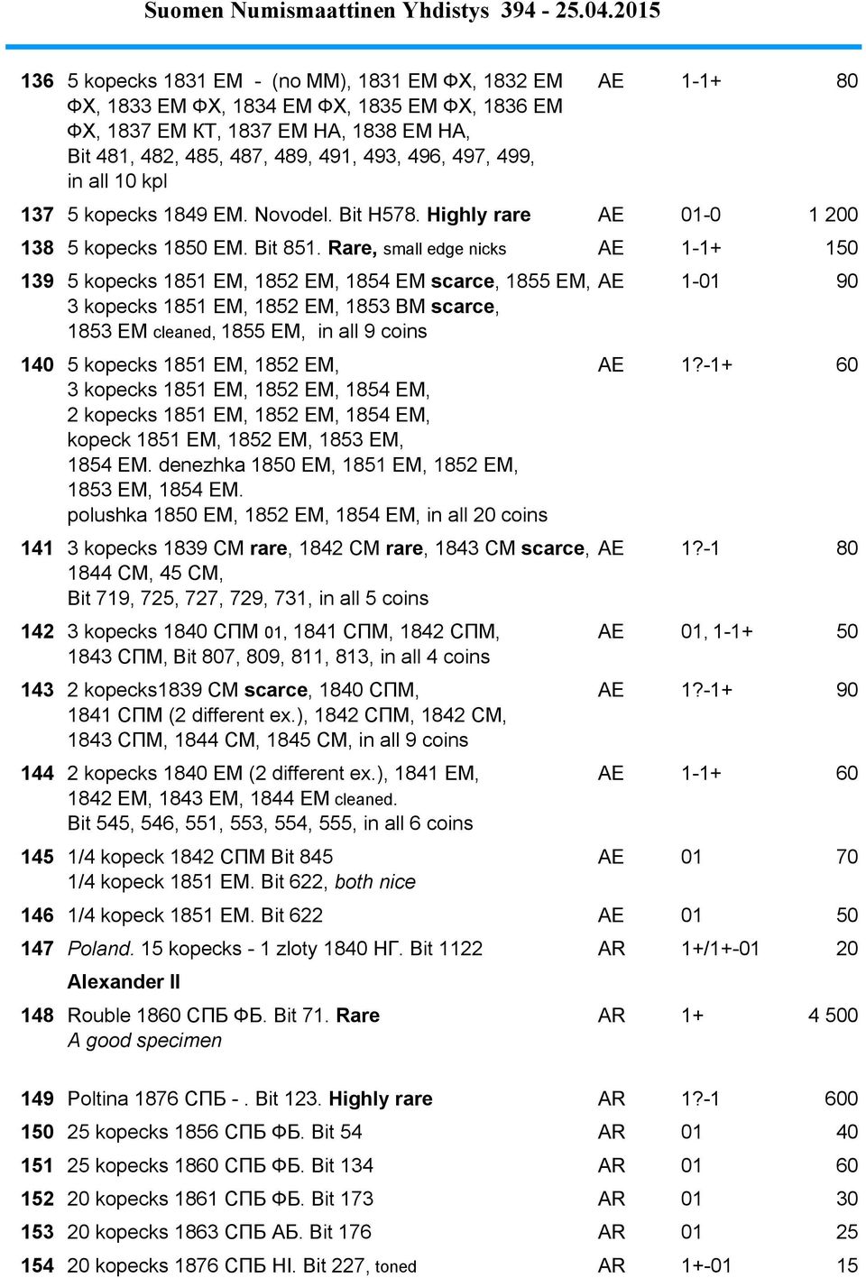 Rare, small edge nicks AE 1-1+ 150 139 5 kopecks 1851 EM, 1852 EM, 1854 EM scarce, 1855 EM, AE 1-01 90 3 kopecks 1851 EM, 1852 EM, 1853 BM scarce, 1853 EM cleaned, 1855 EM, in all 9 coins 140 5
