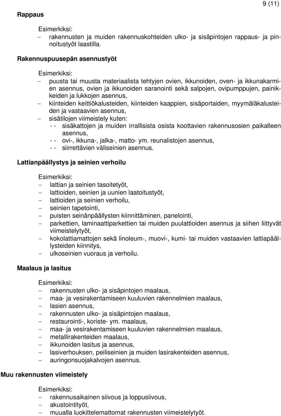 lukkojen asennus, kiinteiden keittiökalusteiden, kiinteiden kaappien, sisäportaiden, myymäläkalusteiden ja vastaavien asennus, sisätilojen viimeistely kuten: - - sisäkattojen ja muiden irrallisista