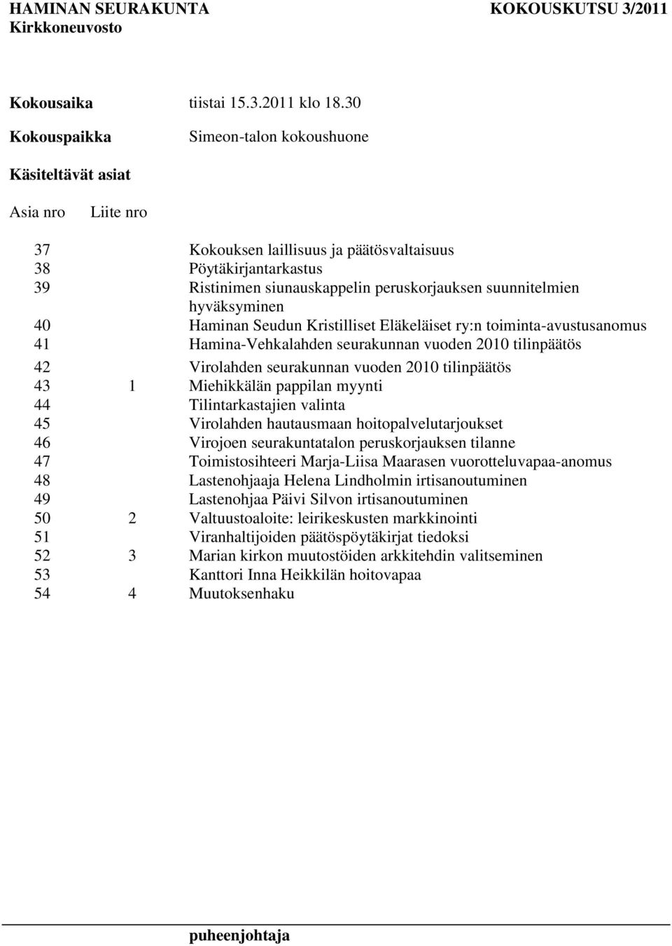 suunnitelmien hyväksyminen 40 Haminan Seudun Kristilliset Eläkeläiset ry:n toiminta-avustusanomus 41 Hamina-Vehkalahden seurakunnan vuoden 2010 tilinpäätös 42 Virolahden seurakunnan vuoden 2010