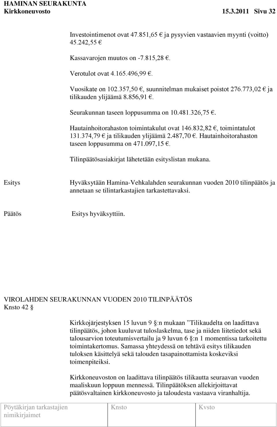 374,79 ja tilikauden ylijäämä 2.487,70. Hautainhoitorahaston taseen loppusumma on 471.097,15. Tilinpäätösasiakirjat lähetetään esityslistan mukana.