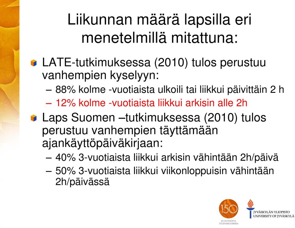 alle 2h Laps Suomen tutkimuksessa (2010) tulos perustuu vanhempien täyttämään ajankäyttöpäiväkirjaan: 40%