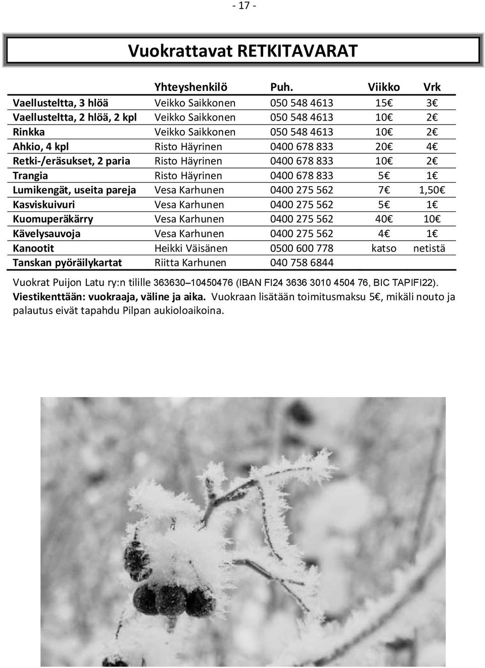 Häyrinen 0400 678 833 20 4 Retki-/eräsukset, 2 paria Risto Häyrinen 0400 678 833 10 2 Trangia Risto Häyrinen 0400 678 833 5 1 Lumikengät, useita pareja Vesa Karhunen 0400 275 562 7 1,50 Kasviskuivuri