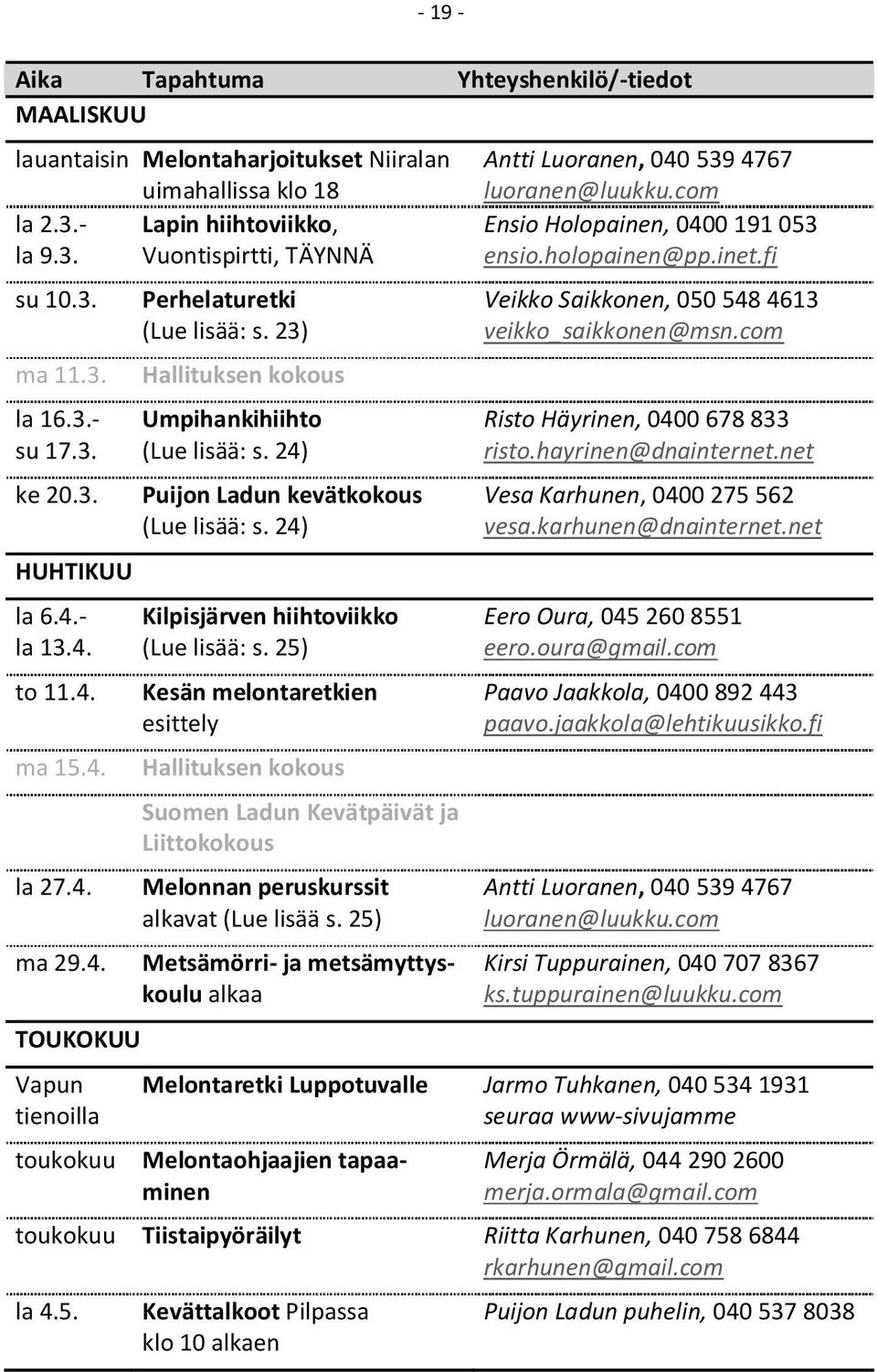 23) Hallituksen kokous Umpihankihiihto (Lue lisää: s. 24) Puijon Ladun kevätkokous (Lue lisää: s. 24) Kilpisjärven hiihtoviikko (Lue lisää: s.