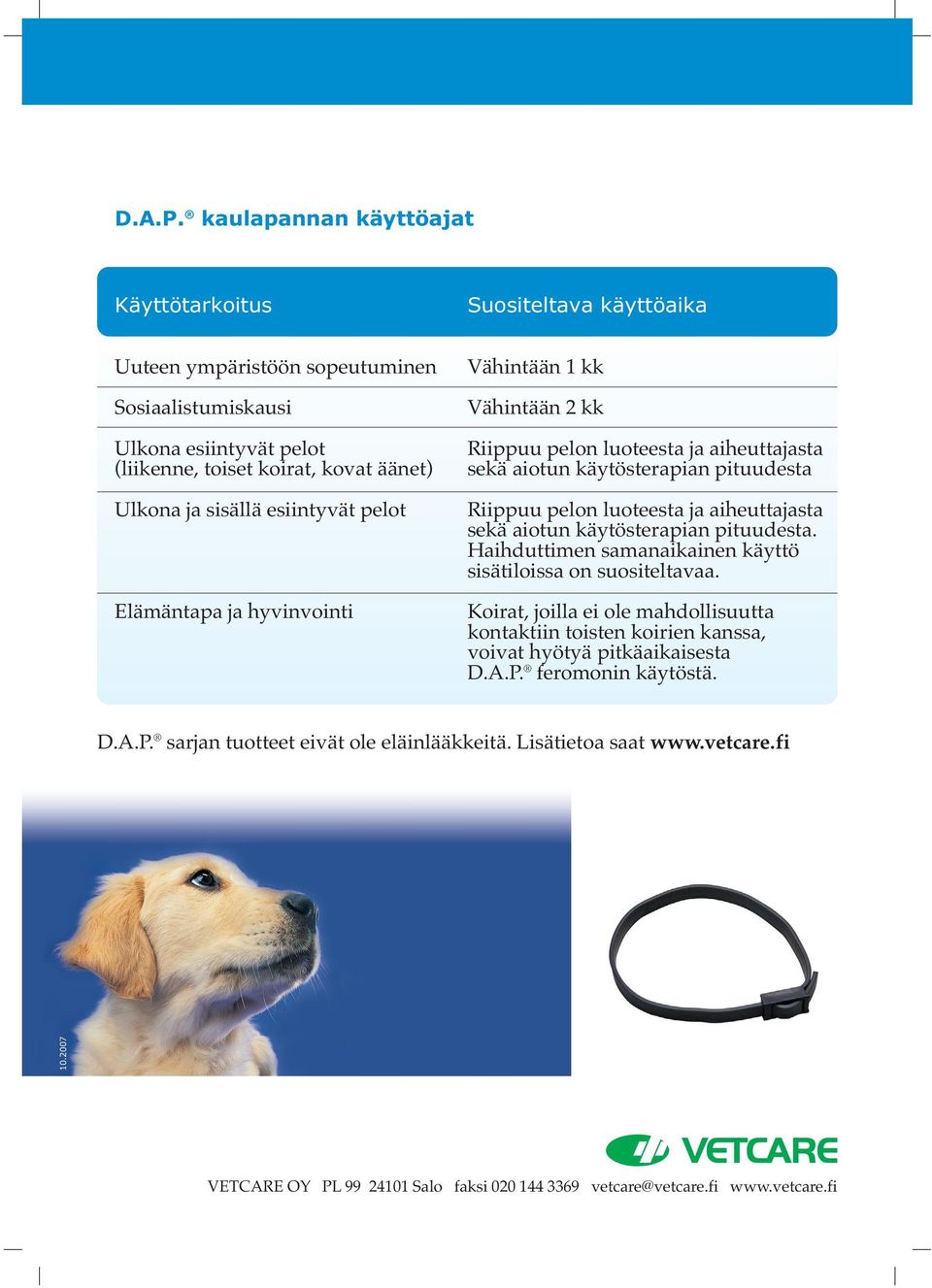 esiintyvät pelot Elämäntapa ja hyvinvointi Vähintään 1 kk Vähintään 2 kk Riippuu pelon luoteesta ja aiheuttajasta sekä aiotun käytösterapian pituudesta Riippuu pelon luoteesta ja aiheuttajasta sekä