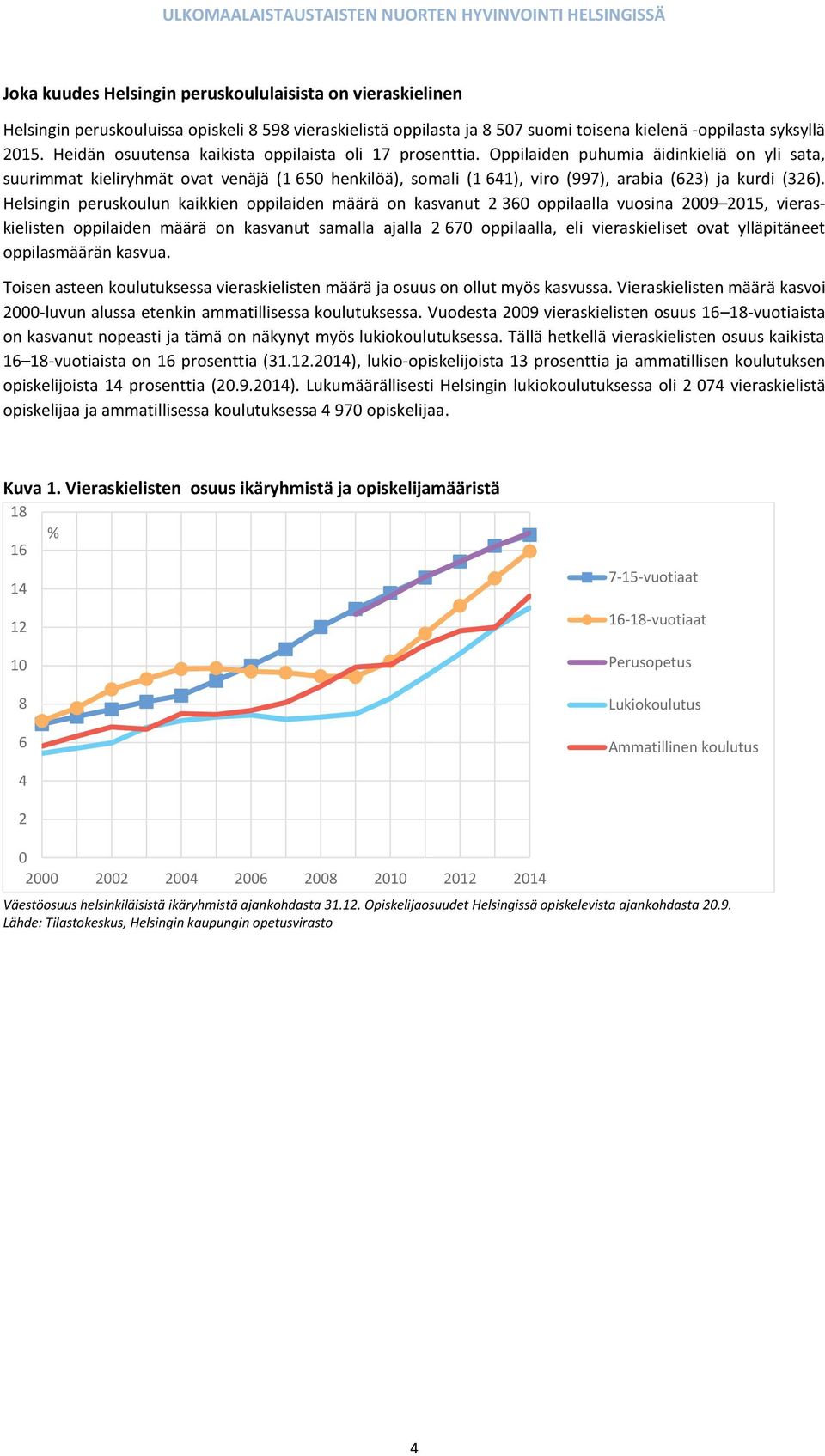 Oppilaiden puhumia äidinkieliä on yli sata, suurimmat kieliryhmät ovat venäjä (1 650 henkilöä), somali (1 641), viro (997), arabia (623) ja kurdi (326).