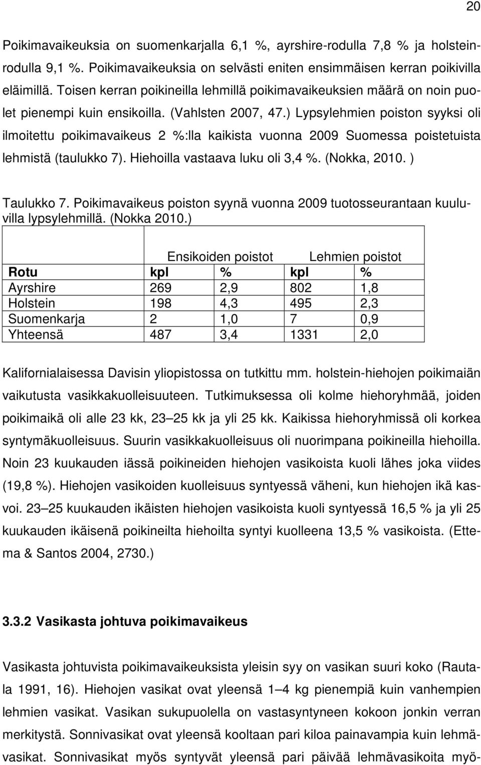 ) Lypsylehmien poiston syyksi oli ilmoitettu poikimavaikeus 2 %:lla kaikista vuonna 2009 Suomessa poistetuista lehmistä (taulukko 7). Hiehoilla vastaava luku oli 3,4 %. (Nokka, 2010. ) Taulukko 7.