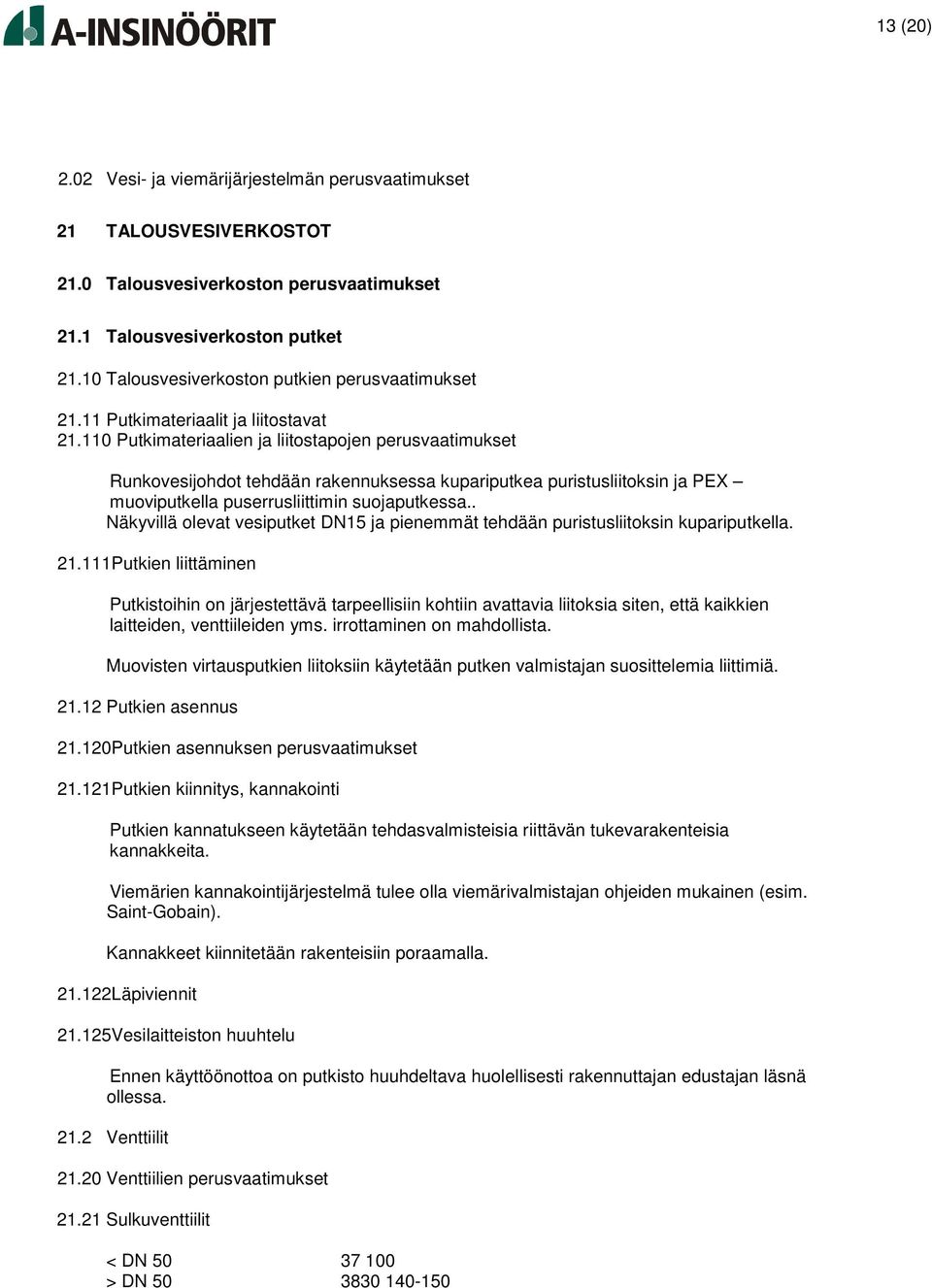 110 Putkimateriaalien ja liitostapojen perusvaatimukset Runkovesijohdot tehdään rakennuksessa kupariputkea puristusliitoksin ja PEX muoviputkella puserrusliittimin suojaputkessa.