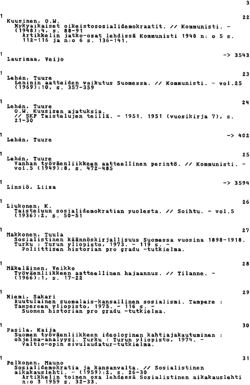 - 1951. 1951 (vuosikirja 7), s. 2 1-30 21 1 Lehän, Tuure - > 102 1 t. 25 Lehen, Tuure Vanhan työväenliikkeen aatteellinen perintö. // Kommunisti. - voi.5 (1919):8, s. 172-185 1 Lins 1 0.