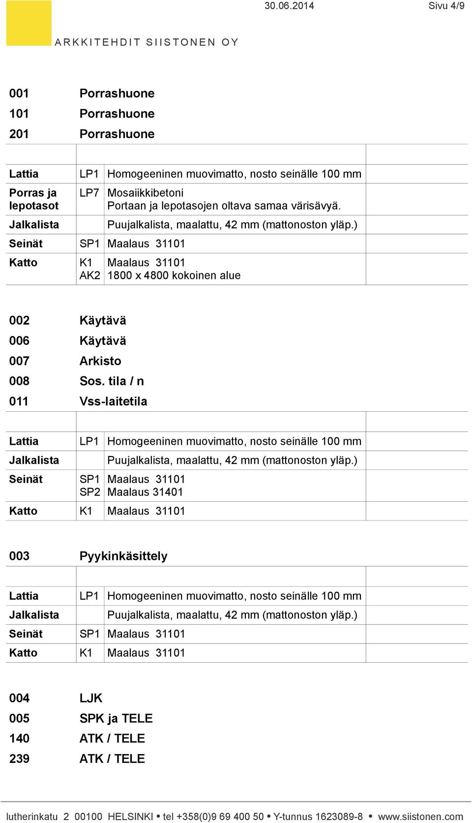 samaa värisävyä. K1 AK2 Puujalkalista, maalattu, 42 mm (mattonoston yläp.) Maalaus 31101 1800 x 4800 kokoinen alue 002 Käytävä 006 Käytävä 007 Arkisto 008 Sos.