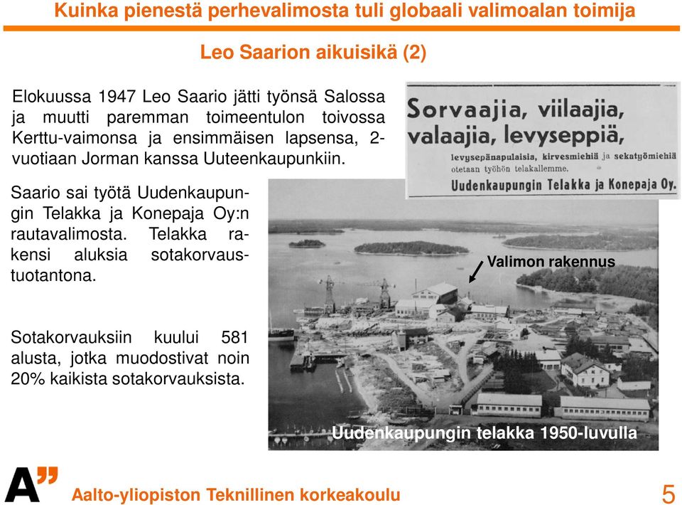 Saario sai työtä Uudenkaupungin Telakka ja Konepaja Oy:n rautavalimosta. Telakka rakensi aluksia sotakorvaustuotantona.